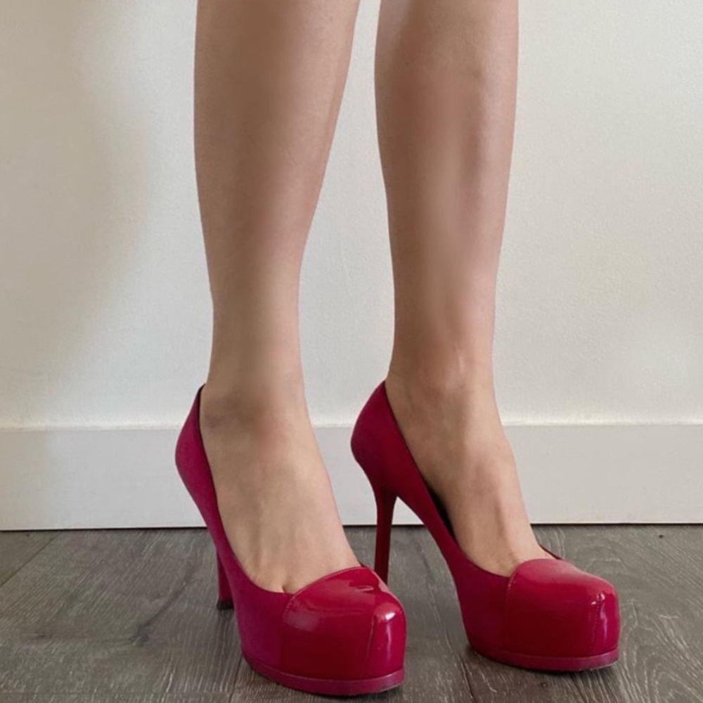 Hot pink suede & patent leather YSL pumps